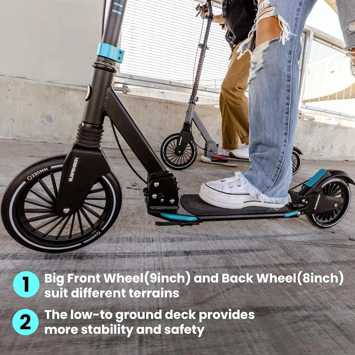 Big Wheels Kick Scooter for Kids Ages 8-12, Teens and Adults. Commuter Adult Scooters with Hand Brake, Rubber mat, Shock Absorpt