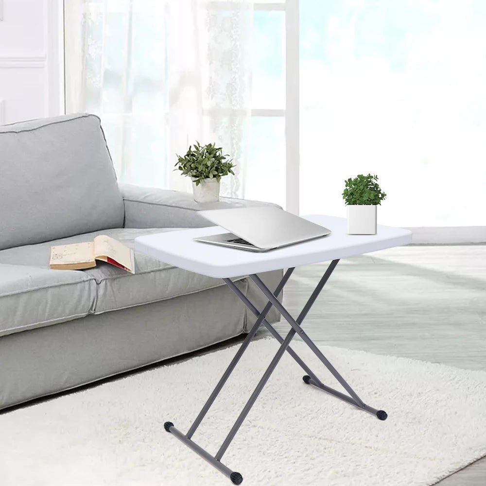 Adjustable Folding Table TV Tray and Lightweight Dinner Table with X Legs and Hard Plastic Top, 35-75CM, White