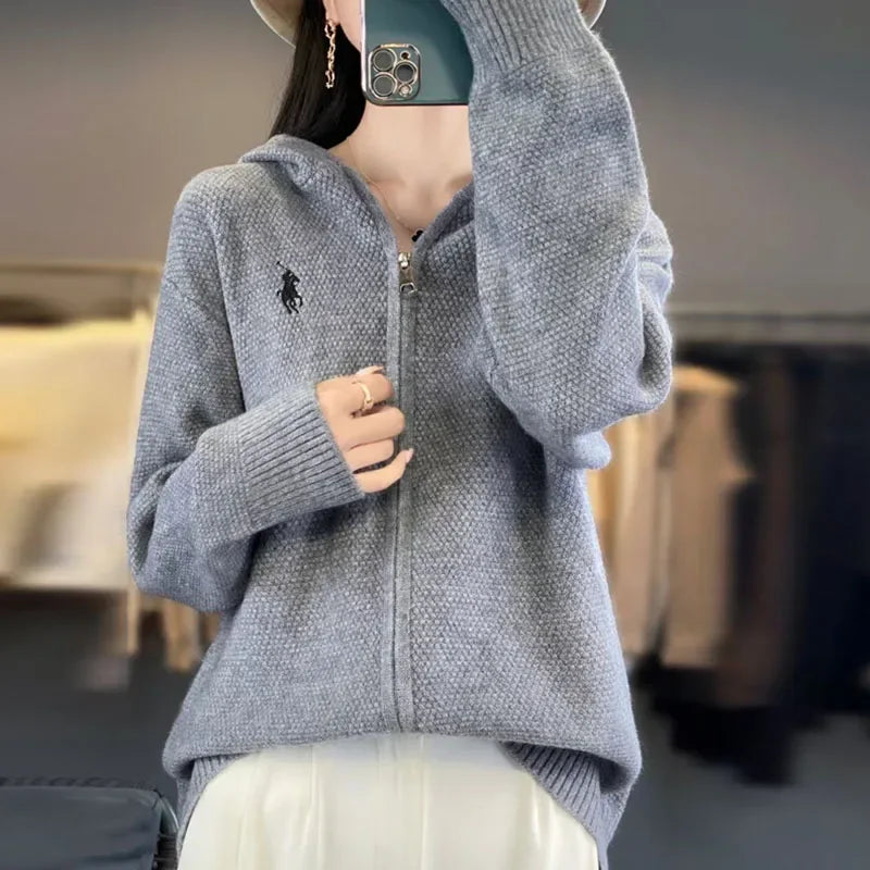 Women's Clothing Solid Embroidery Loose Loose Knitted Cardigan Autumn Winter Basic Hooded Soft Wool Thick Casual Sweater