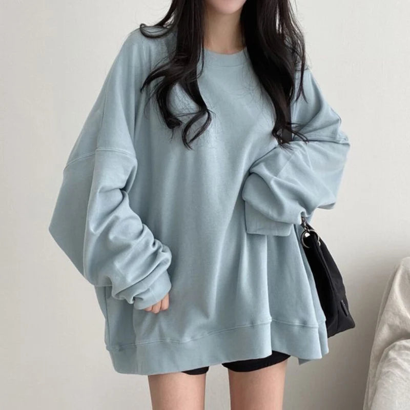 Solid Color Oversized Sweatshirt Women Autumn Round Neck Drop Shoulder Loose Pullover Woman All Match Long Sleeve Casual Hoodies