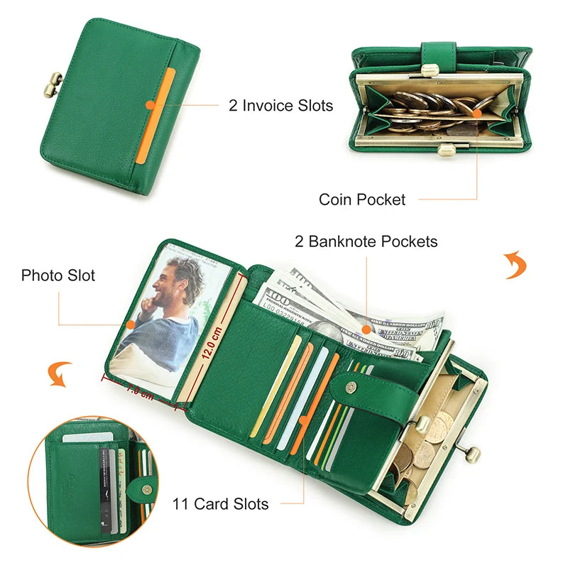 Contact'S Women Short Coin Purse Metal Frame Green Genuine Leather Wallet Credit Card Holder Fashion Small Wallets for Woman