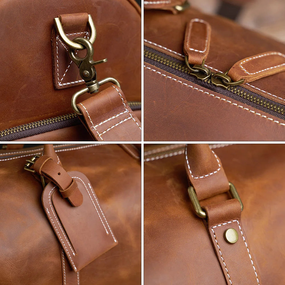 Vintage Men's Travel Bag Genuine Leather Hand Luggage Boston Bag Duffle Large Capacity Shoulder For 16 Inch Laptop NUPUGOO