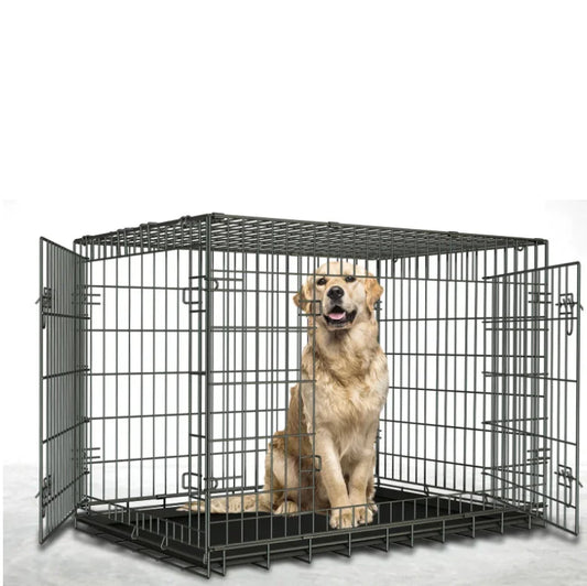 Folding Pet Cage Single Double Door Leak-Proof Plastic Pan Dog Crates  24/30/36/42/48 Inches Metal Dog Kennel for Big Pets