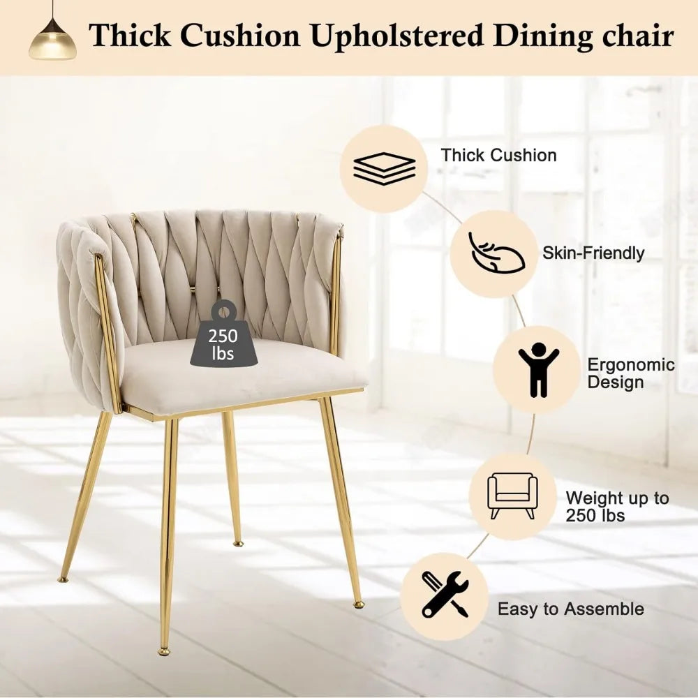 Modern Velvet Dining Chairs Set of 2 Hand Weaving Accent Upholstered Side Chair with Golden Metal Legs for Dining Room