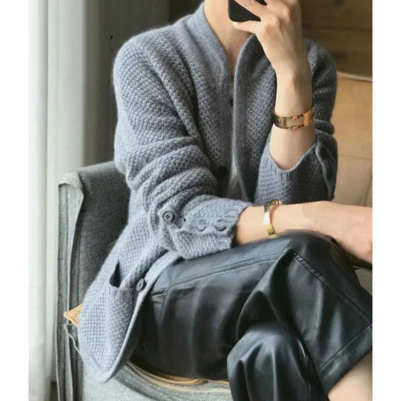 Women's Clothing Autumn Winter Vintage Simple Single Breasted Knitted Jacket Korean Fashion Solid Long Sleeve Chic Sweater Coat