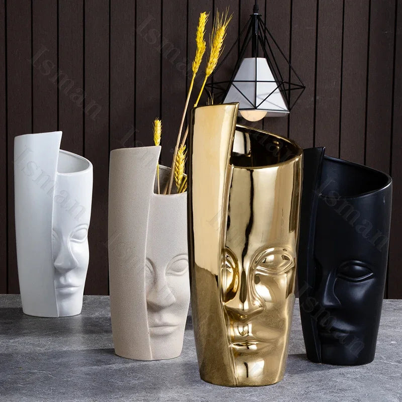 Nordic Human Face Ceramic Vase Modern Decor Home Ikebana Lips Flower Vases Light Luxury Living Room Decoration Accessories