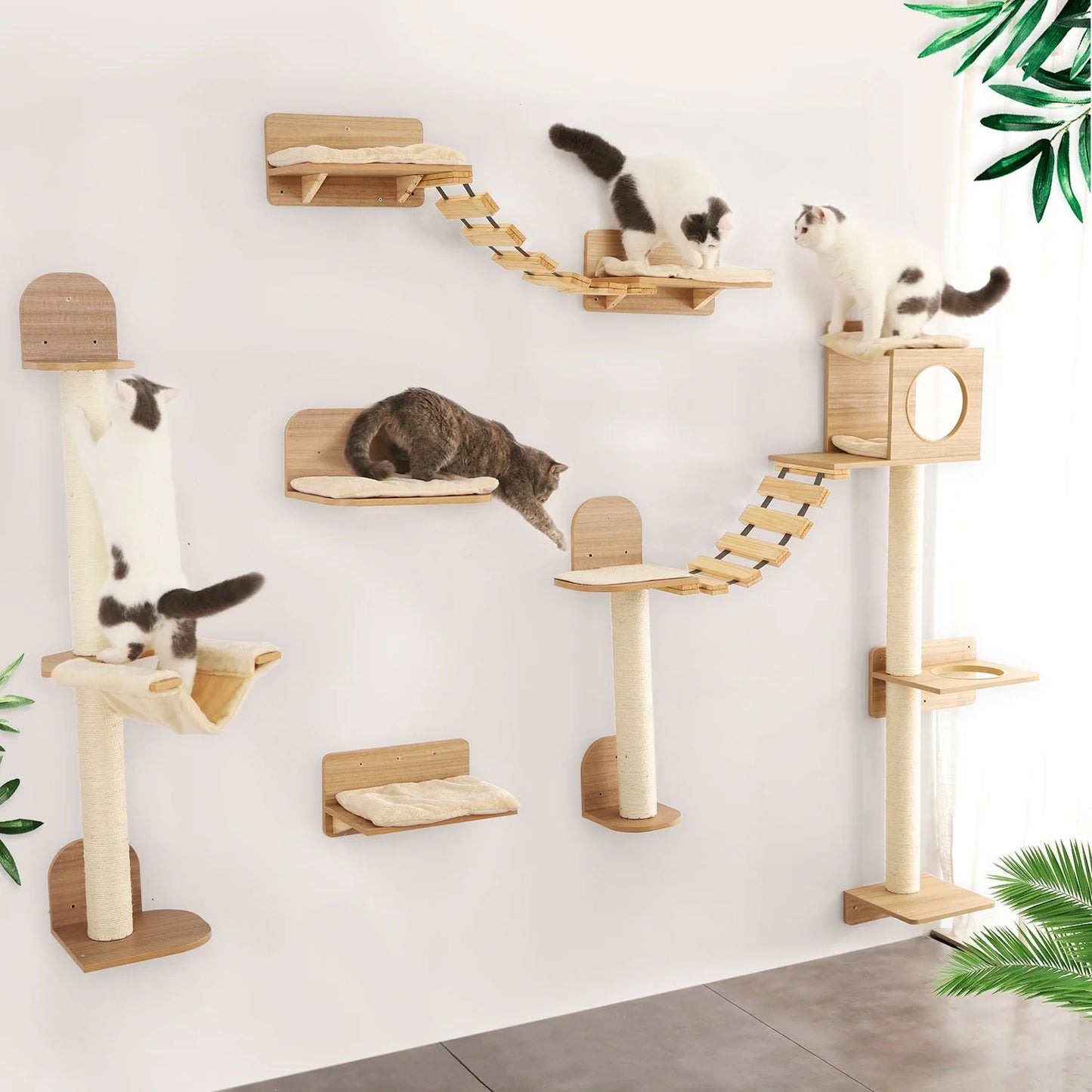 1 Piece Wall-mounted Cat Climbing Rope Solid Wooden Pedals And  Sisal Rope Kitten Training Claw Grinding Indoor Cat Furniture