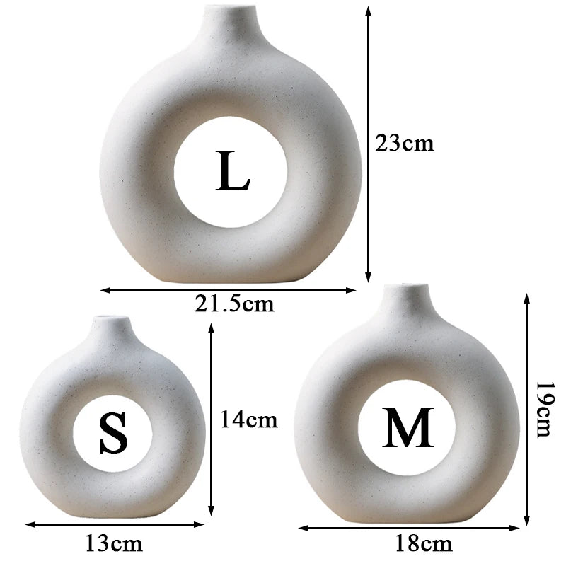 Creative Donut Ceramic Vase Floral Ornament Nordic Circular Hollow Flower Pot Home Office Desktop Living Room Interior Decor Set