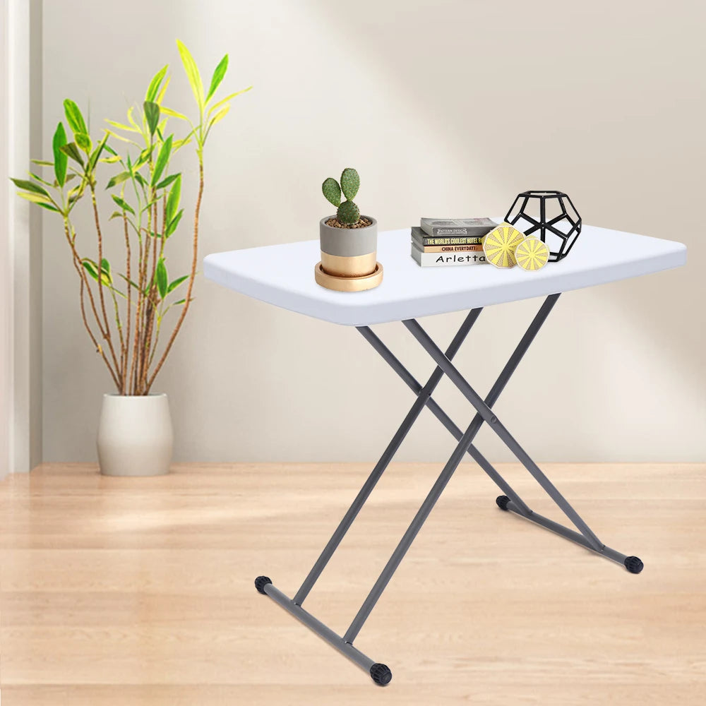 Adjustable Folding Table TV Tray and Lightweight Dinner Table with X Legs and Hard Plastic Top, 35-75CM, White