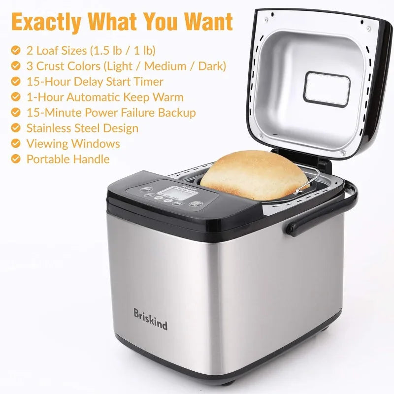 Briskind 19-in-1 Compact Bread Maker Machine, 1.5 lb / 1 lb Loaf Small Breadmaker with Carrying Handle, Including Gluten Free