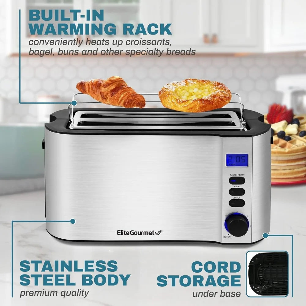 Long Slot 4 Slice Toaster, Countdown Timer, 6 Toast Setting, Defrost, Cancel Function, Built-in Warming Rack, Extra Wide Slots