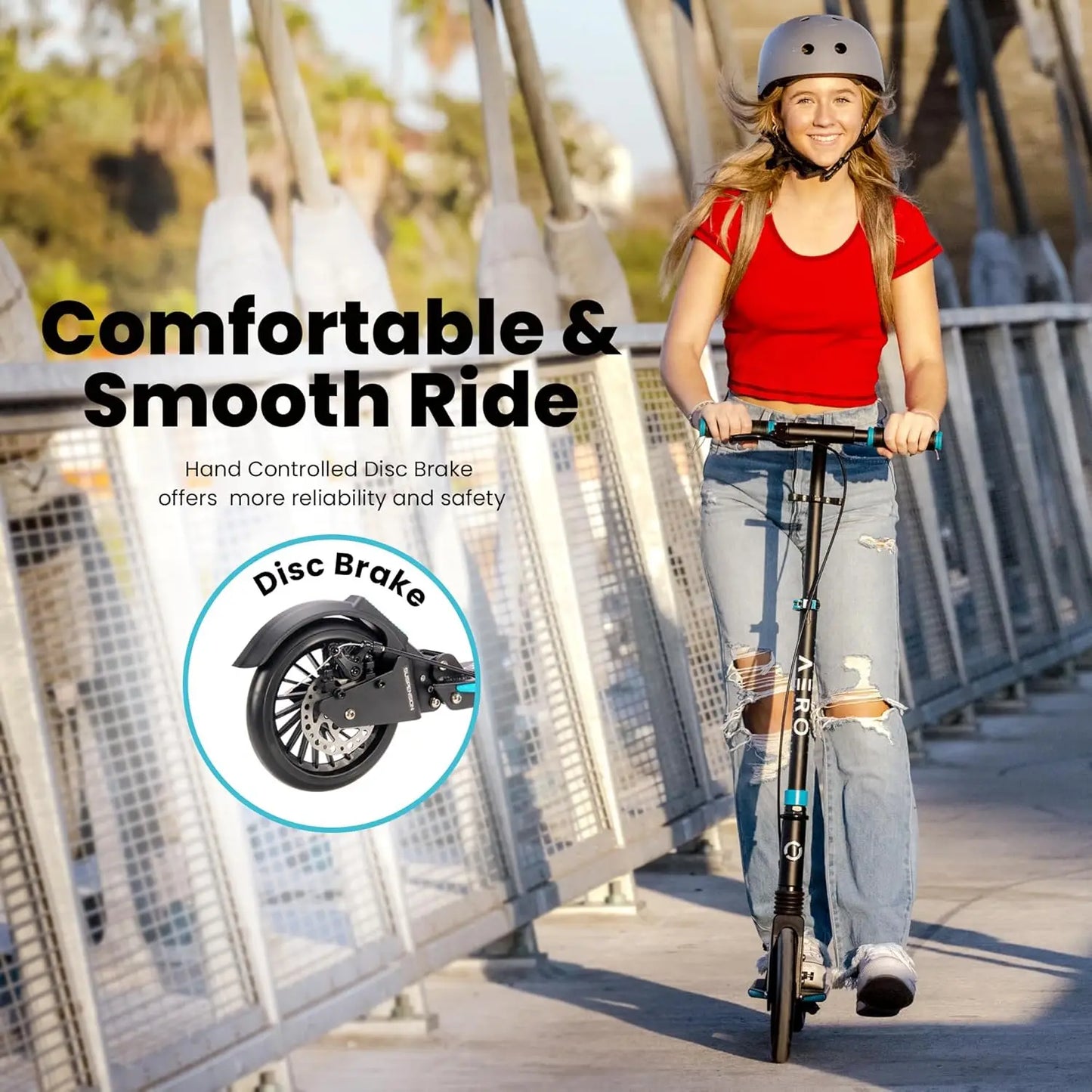 Big Wheels Kick Scooter for Kids Ages 8-12, Teens and Adults. Commuter Adult Scooters with Hand Brake, Rubber mat, Shock Absorpt