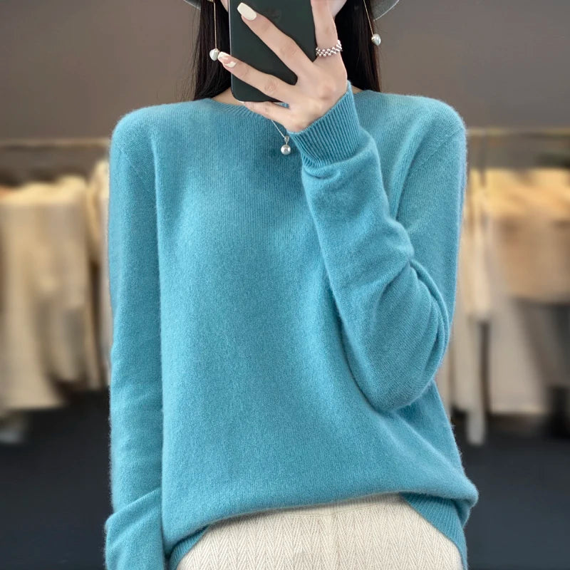 Autumn Winter 100% Merino Wool cashmere Sweater O-Neck Long Sleeve Cashmere Women Knitted Pullover Clothing Top