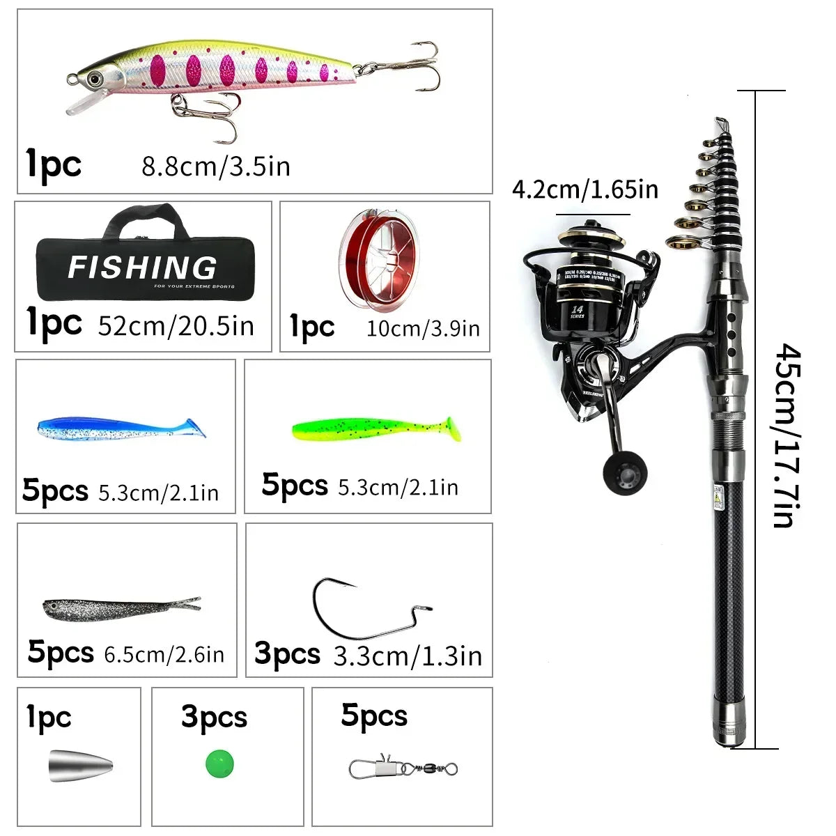 Protable Carbon Fiber Lure Rod Combo Full Sets for Catching Large Bass Fishing Rod Spinning Reel and Line Combo Set Accessories