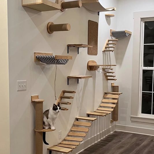 Cat Tree Cat Wall Mounted Climbing Wooden Shelves Posts Ladders with Hammock and Cat House Cat Bridge for Kittens Perch Sleeping