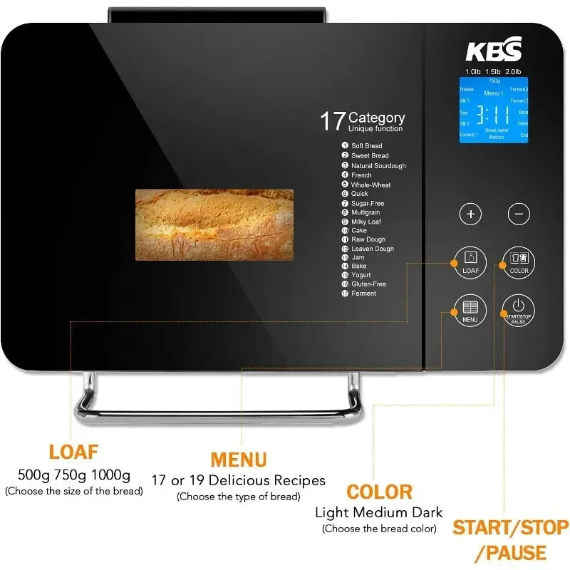 KBS Pro Stainless Steel Bread Machine, 2LB 17-in-1 Programmable XL Bread Maker with Fruit Nut Dispenser