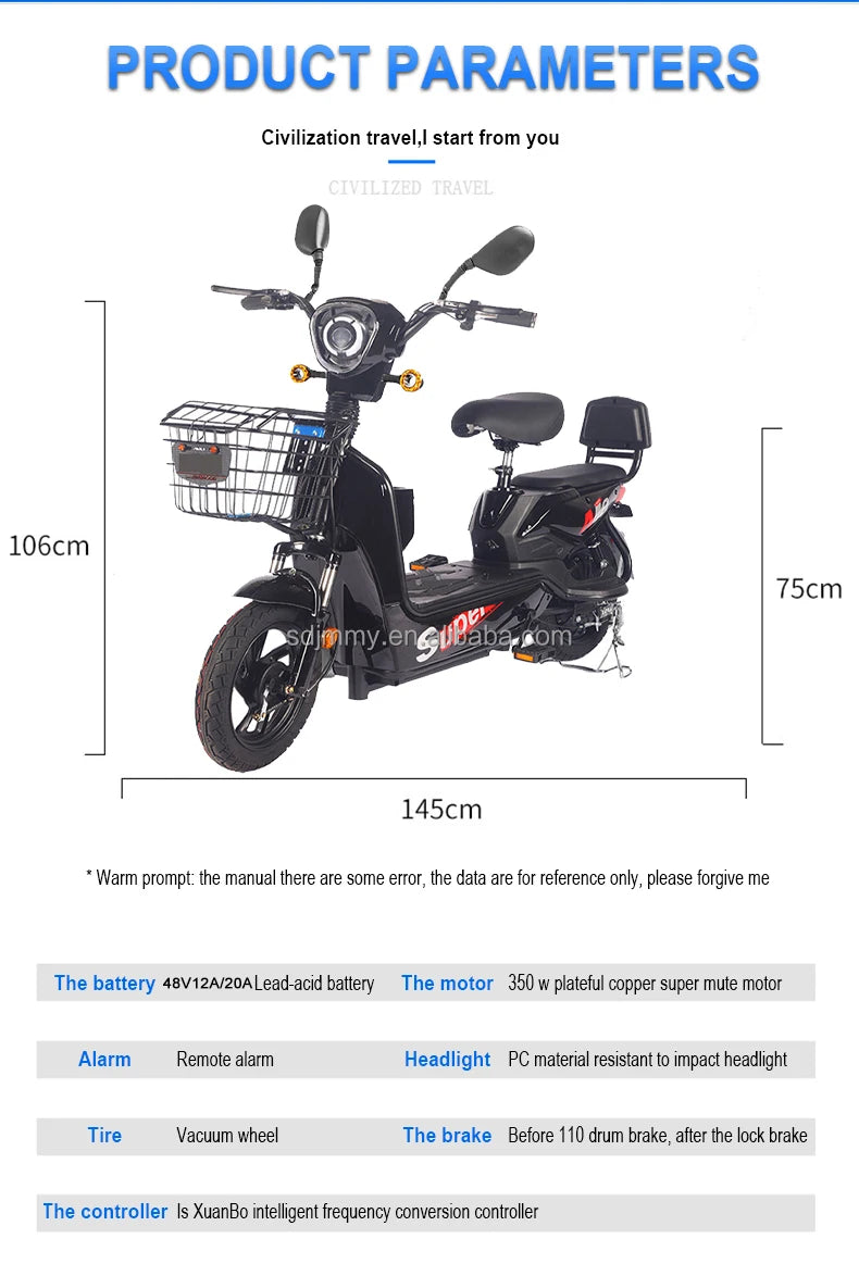 2023 Hot Sale 48V 12AH E-Bike Electric Motorcycle with 14-Inch Fat Tire Steel Frame Rear Hub Motor Electronic Smart Type