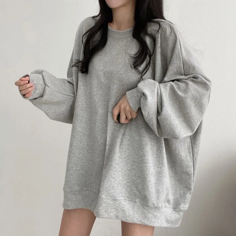 Solid Color Oversized Sweatshirt Women Autumn Round Neck Drop Shoulder Loose Pullover Woman All Match Long Sleeve Casual Hoodies