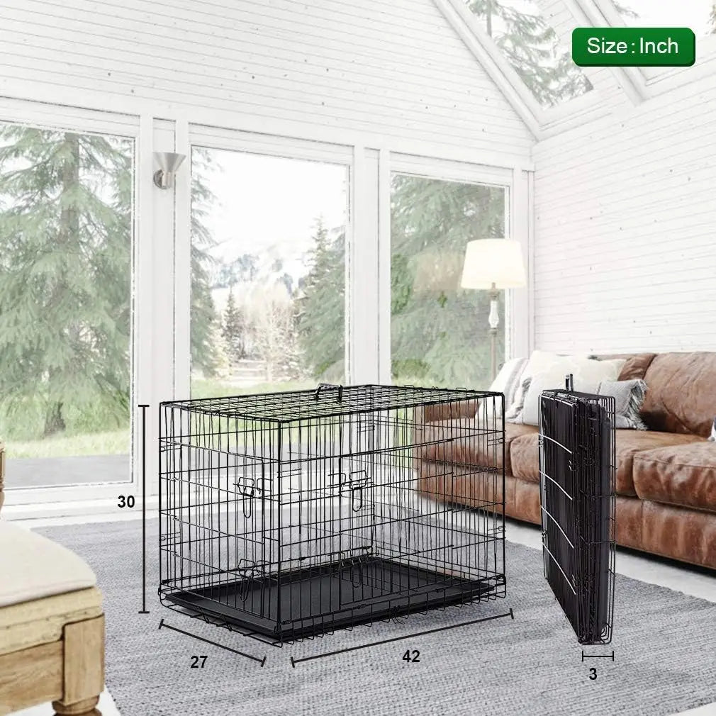 42 inch large dog cage, foldable metal wire cage, outdoor and indoor pet dog cage with double doors