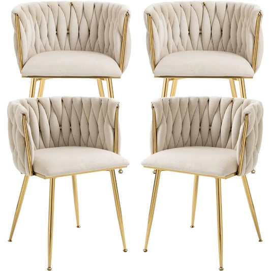 Dining Chairs , Woven Upholstered Dining Chairs with Gold Metal Legs, Modern Accent Chairs for Living Room, Dining Room, Kitchen