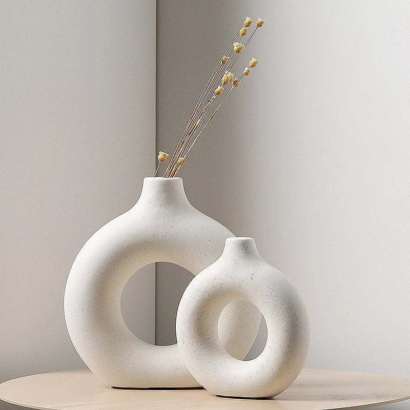 Creative Donut Ceramic Vase Floral Ornament Nordic Circular Hollow Flower Pot Home Office Desktop Living Room Interior Decor Set