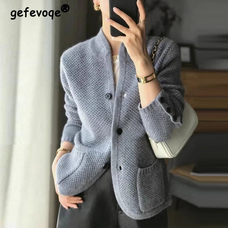 Women's Clothing Autumn Winter Vintage Simple Single Breasted Knitted Jacket Korean Fashion Solid Long Sleeve Chic Sweater Coat