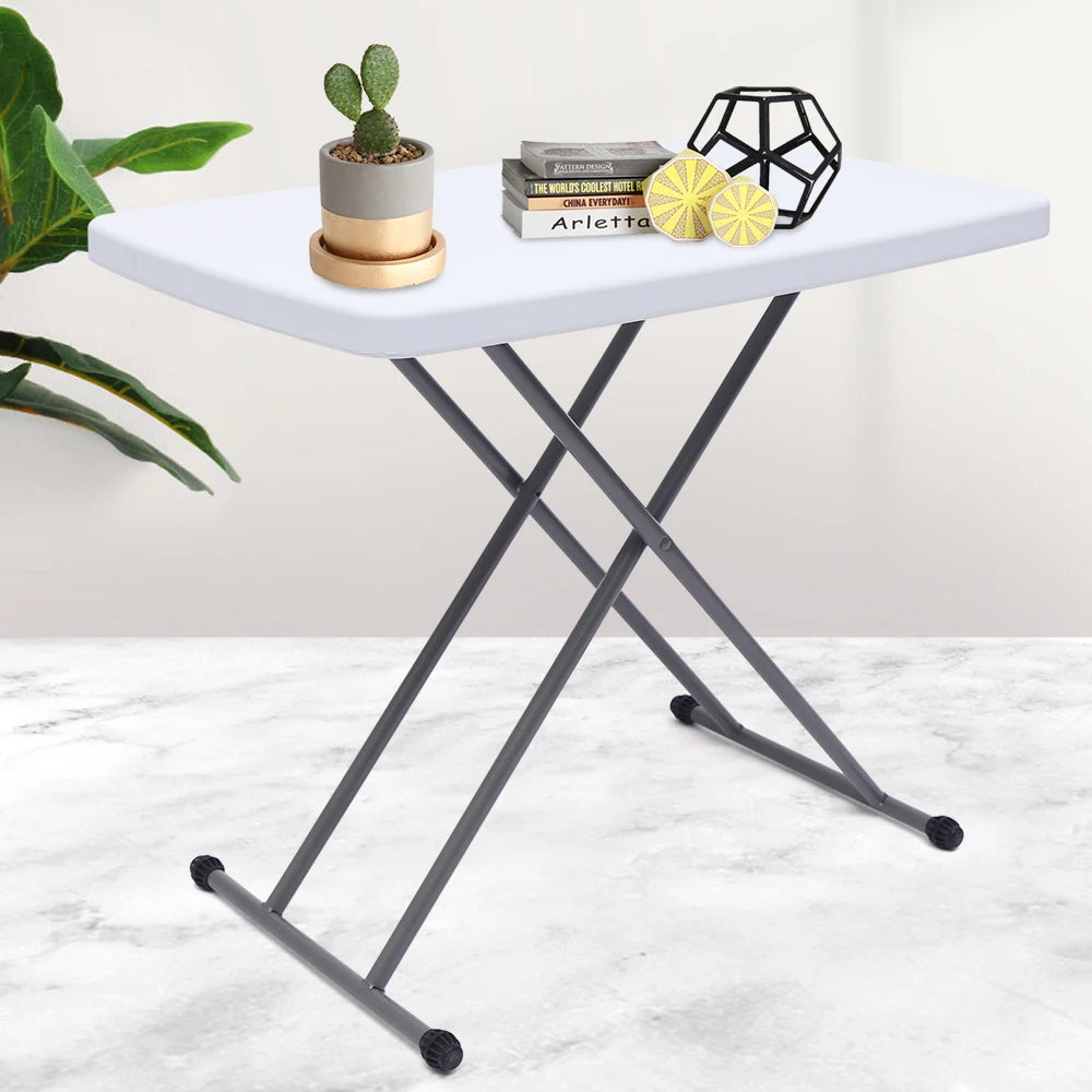 Adjustable Folding Table TV Tray and Lightweight Dinner Table with X Legs and Hard Plastic Top, 35-75CM, White