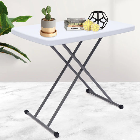 Adjustable Folding Table TV Tray and Lightweight Dinner Table with X Legs and Hard Plastic Top, 35-75CM, White