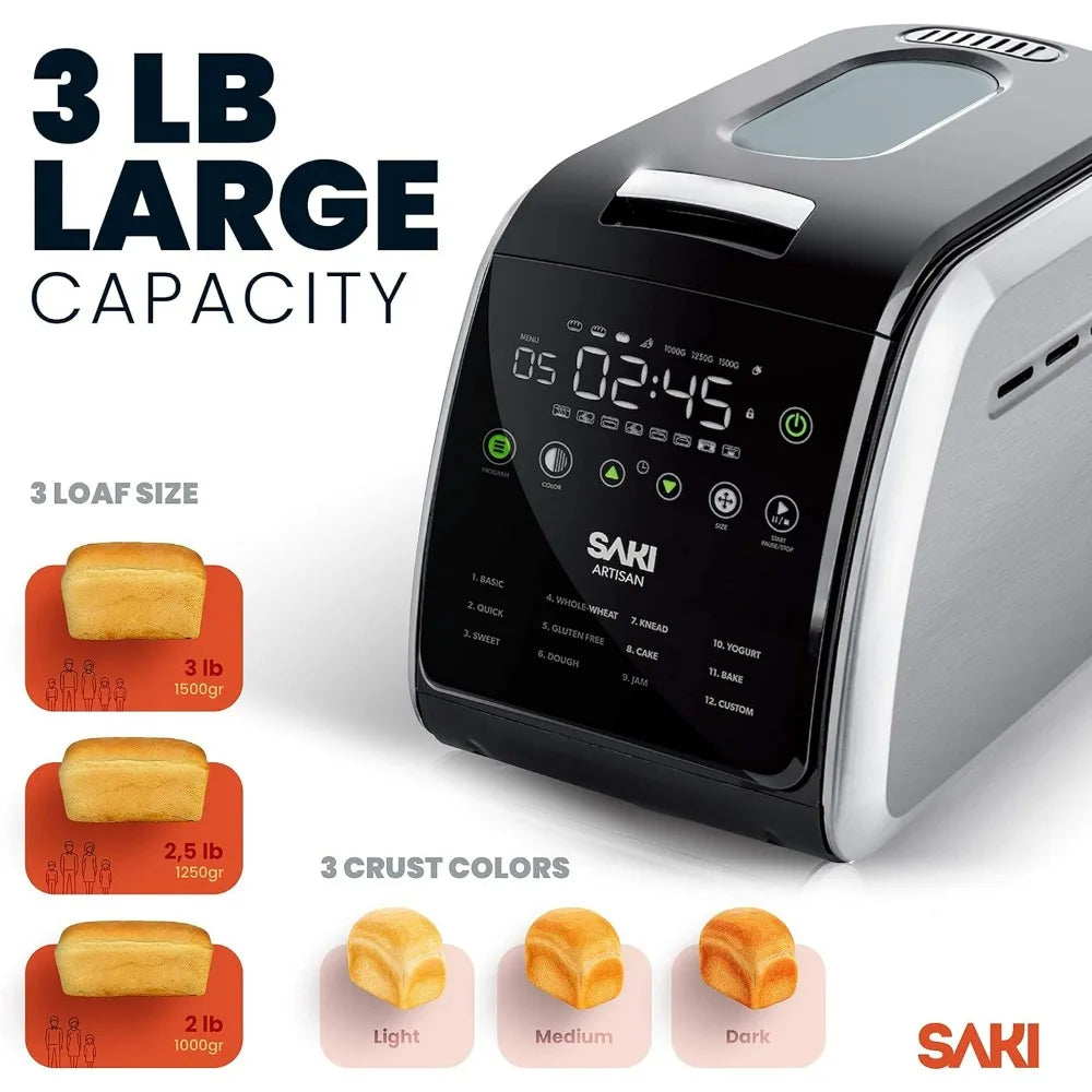 3 LB Large Bread Maker Machine, 12-in-1 Programmable Large Bread Machine, with Nonstick Ceramic Bread Pan & Large Digital Touch