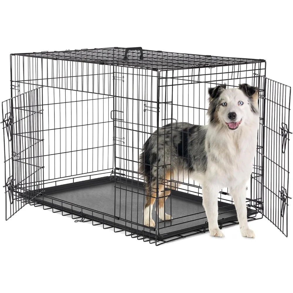 Dog Crate with Divider Panel, 42 Inch Double Door Folding Metal Wire Dog Cage with Plastic Leak-Proof Pan Tray