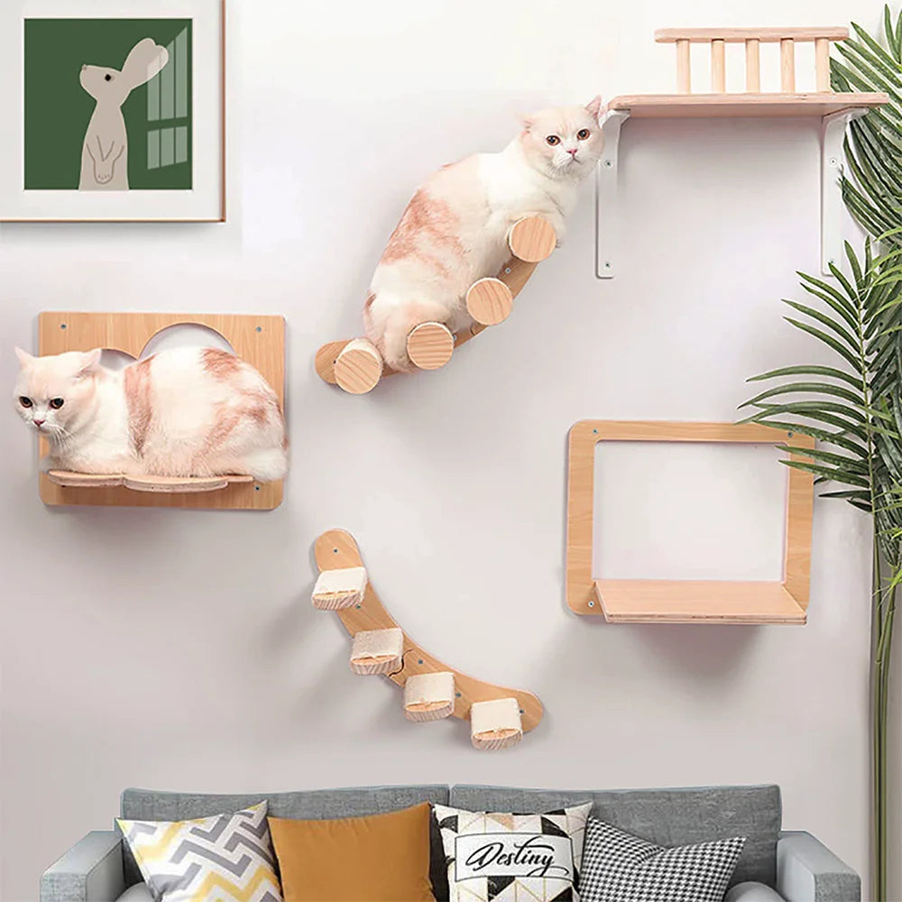 1 Piece Cat Wall Mounted Shelves Climbing Ladder Steps and Jumping Platform with Scratching Post for Grinding Claw and Playing