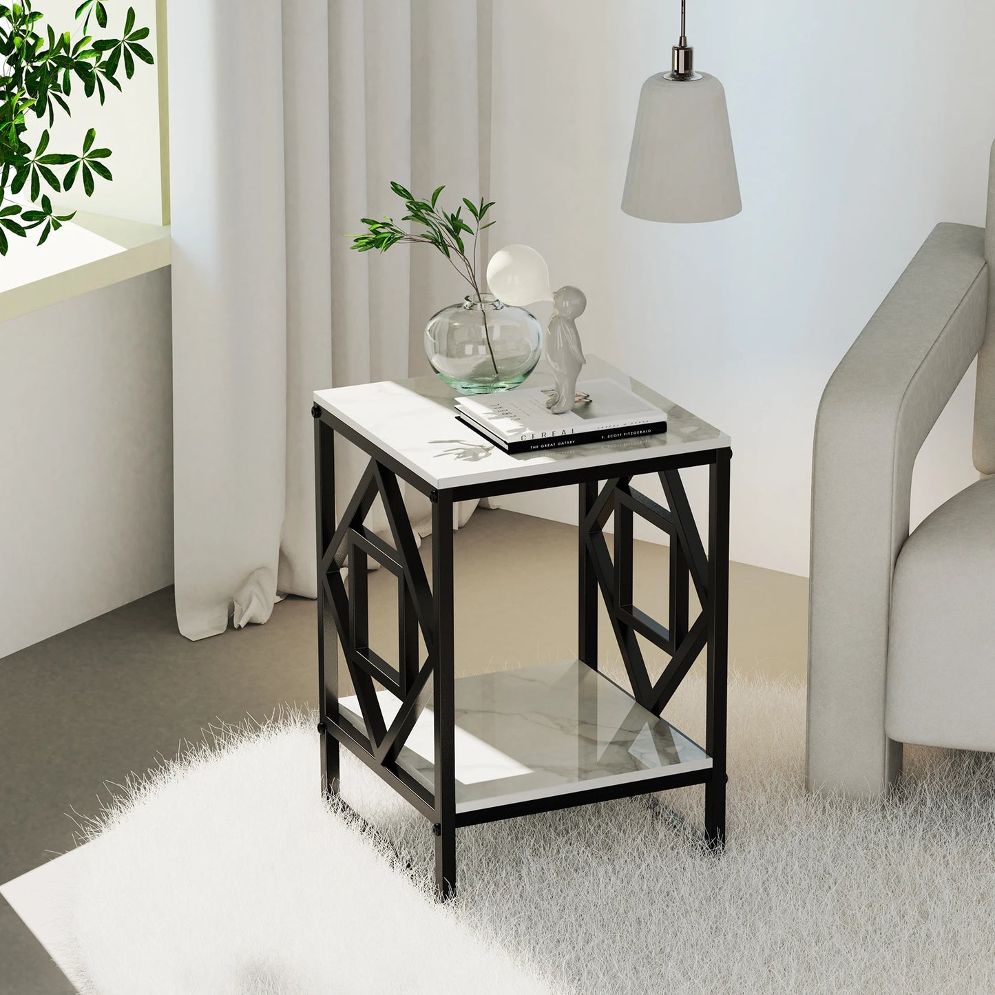 White Marble Top Side Table Sofa End Table Bedside Nightstand Black Coated Frame