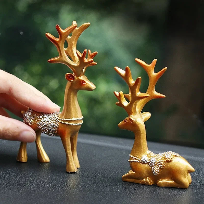 11cm Mini 2-Pieces Resin Deer Figurine Statue Miniature Cute Deer Sculpture Home Desktop Car Dashboard Decoration Craft Gift