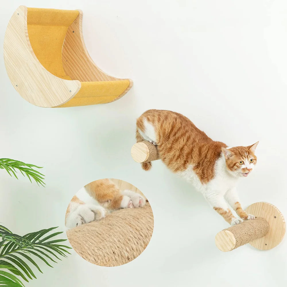 Wall Mounted Cat Tree Cat Climbing Wooden Shelves Climbing Hammock Set Scratching Post and Ladder for Cats Playing and Sleeping