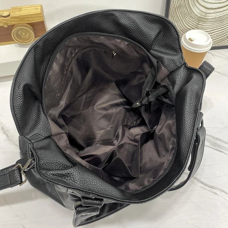 Women's Retro Roomy Shoulder Bag Quality Pu Leather Ladies Large Commuter Tote Handbag Female Luxury Black Classic Crossbody Bag