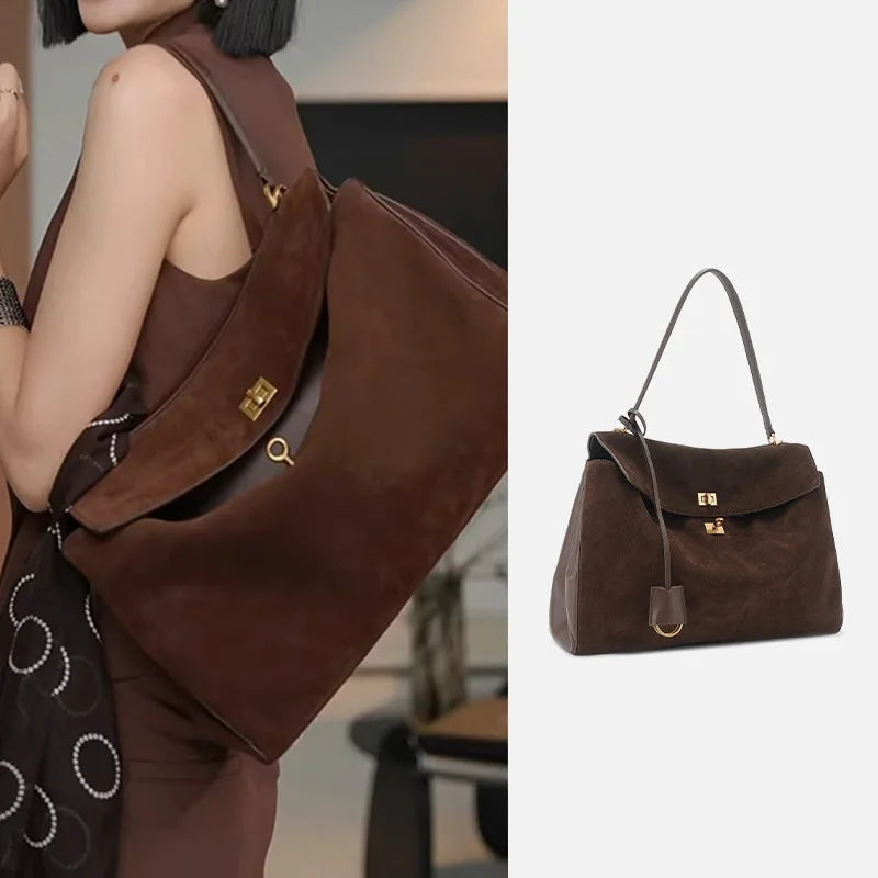 Autumn and Winter Suede Spliced Cowhide B Home Kelly Bag Buckle Handheld Underarm Commuter Single Shoulder Tote Bag