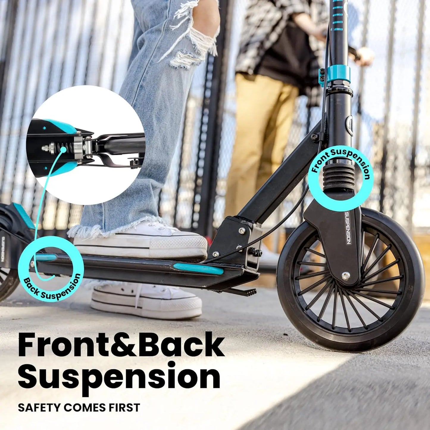 Big Wheels Kick Scooter for Kids Ages 8-12, Teens and Adults. Commuter Adult Scooters with Hand Brake, Rubber mat, Shock Absorpt