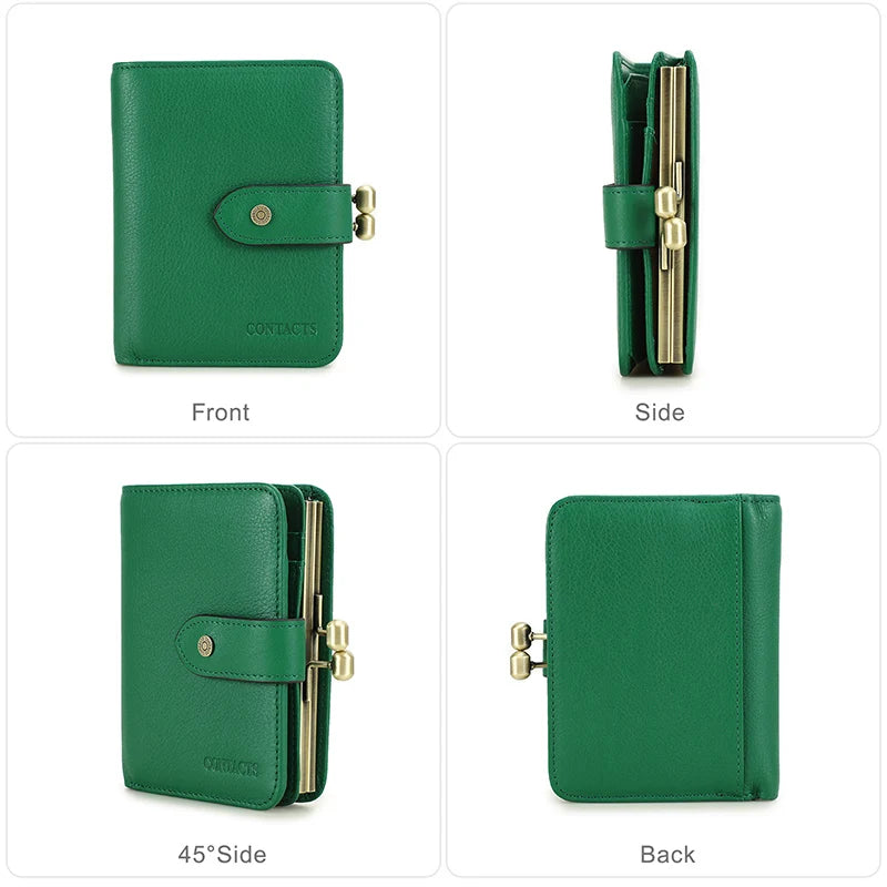 Contact'S Women Short Coin Purse Metal Frame Green Genuine Leather Wallet Credit Card Holder Fashion Small Wallets for Woman