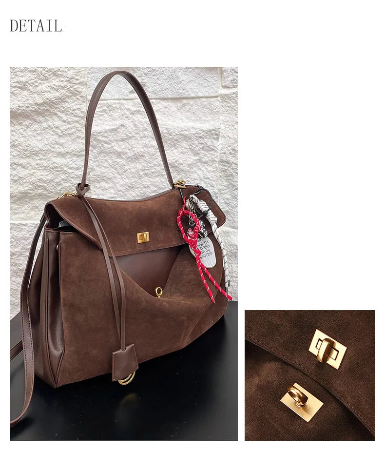 Autumn and Winter Suede Spliced Cowhide B Home Kelly Bag Buckle Handheld Underarm Commuter Single Shoulder Tote Bag