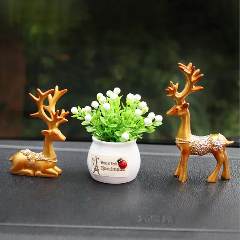 11cm Mini 2-Pieces Resin Deer Figurine Statue Miniature Cute Deer Sculpture Home Desktop Car Dashboard Decoration Craft Gift