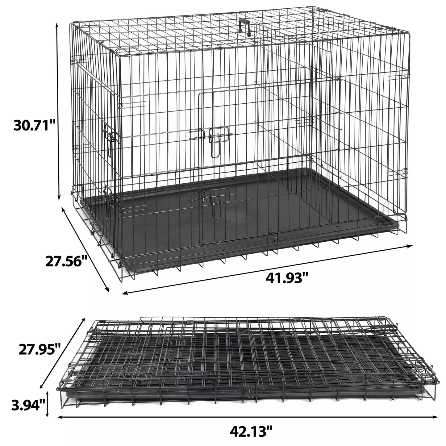 24" 30" 36" Dog Crate Kennel Folding Metal Pet Cage 2 Door With Tray Pan Black