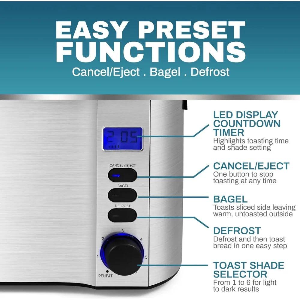 Long Slot 4 Slice Toaster, Countdown Timer, 6 Toast Setting, Defrost, Cancel Function, Built-in Warming Rack, Extra Wide Slots