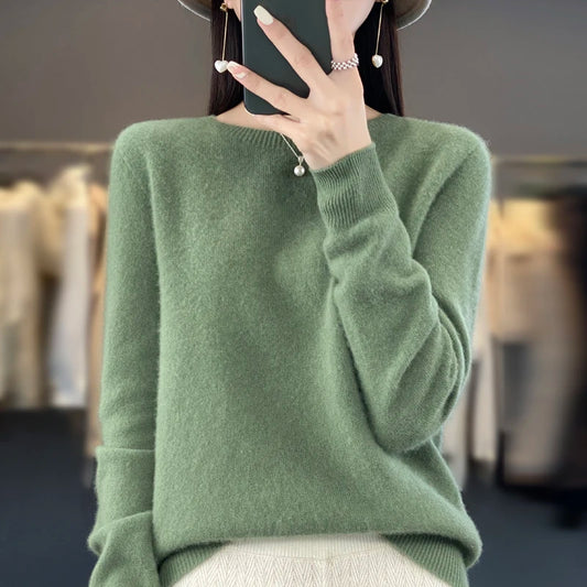 Autumn Winter 100% Merino Wool cashmere Sweater O-Neck Long Sleeve Cashmere Women Knitted Pullover Clothing Top