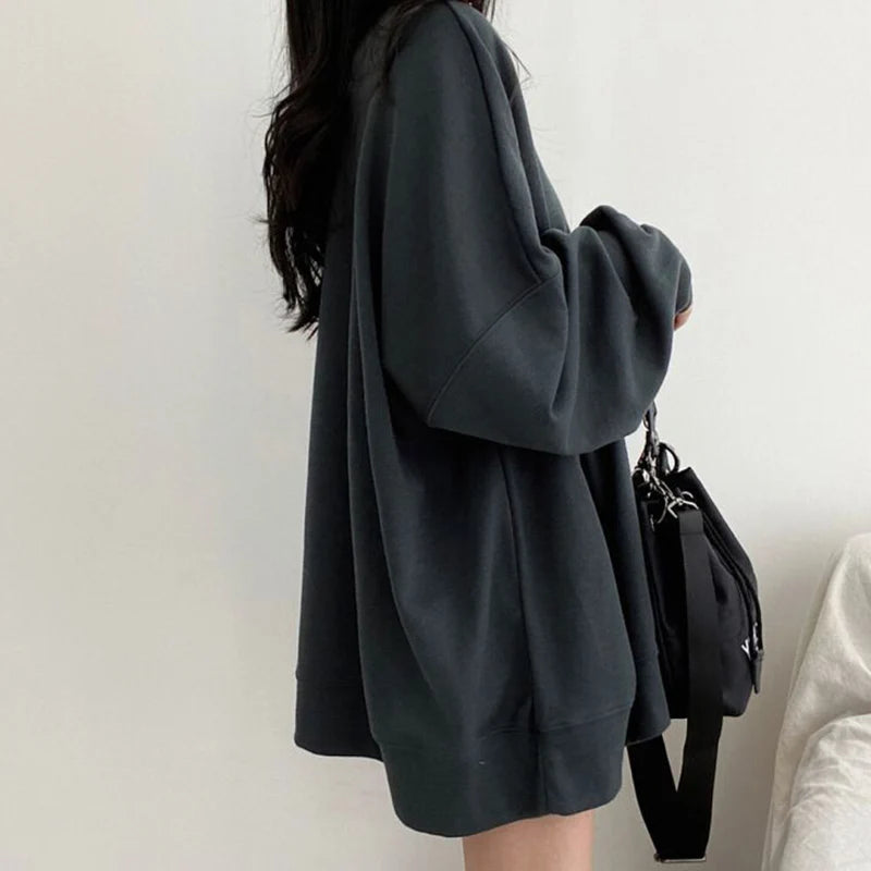 Solid Color Oversized Sweatshirt Women Autumn Round Neck Drop Shoulder Loose Pullover Woman All Match Long Sleeve Casual Hoodies