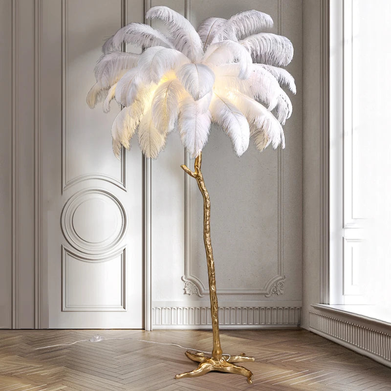 Scandinavian Ostrich Feather Floor lamp Resin Copper Sofa Bedroom Living Room Home Decoration Indoor LED Bracket Light Beautiful