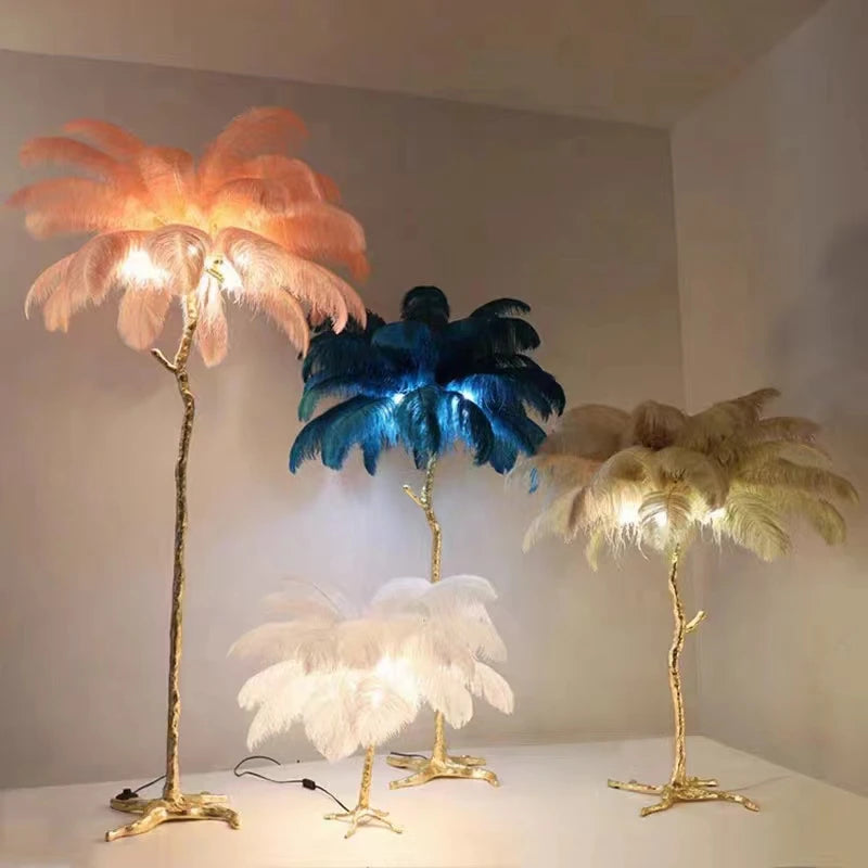 Scandinavian Ostrich Feather Floor lamp Resin Copper Sofa Bedroom Living Room Home Decoration Indoor LED Bracket Light Beautiful