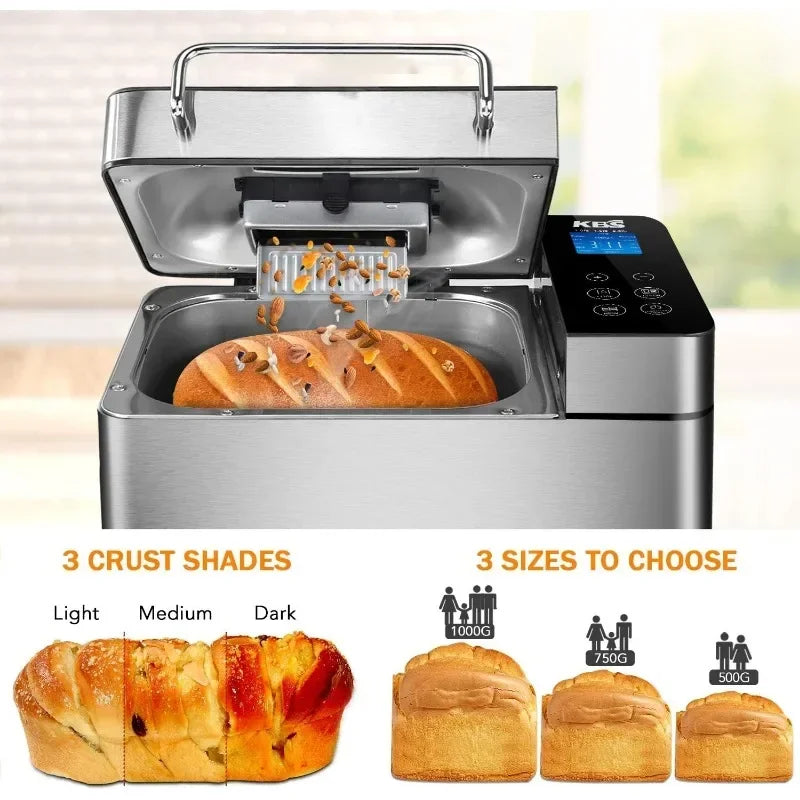 KBS Pro Stainless Steel Bread Machine, 2LB 17-in-1 Programmable XL Bread Maker with Fruit Nut Dispenser