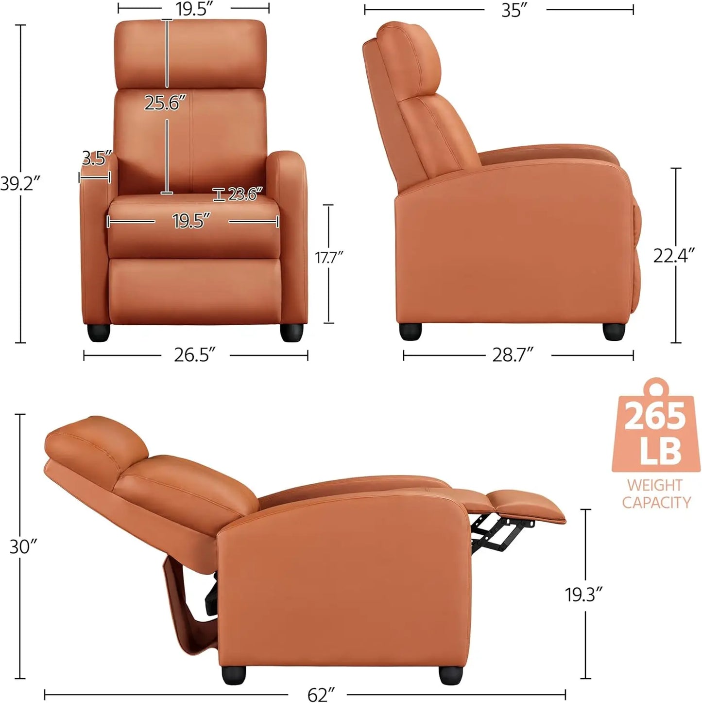 Recliner Chair PU Leather Recliner Sofa Home Theater Seating W/Lumbar Support Overstuffed High-Density Sponge Push Tan Recliners