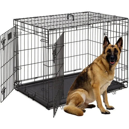 48-Inch Double Door Folding Metal Dog Crate with Divider and Leak-Proof Pan - For Medium to Large Breed Dogs