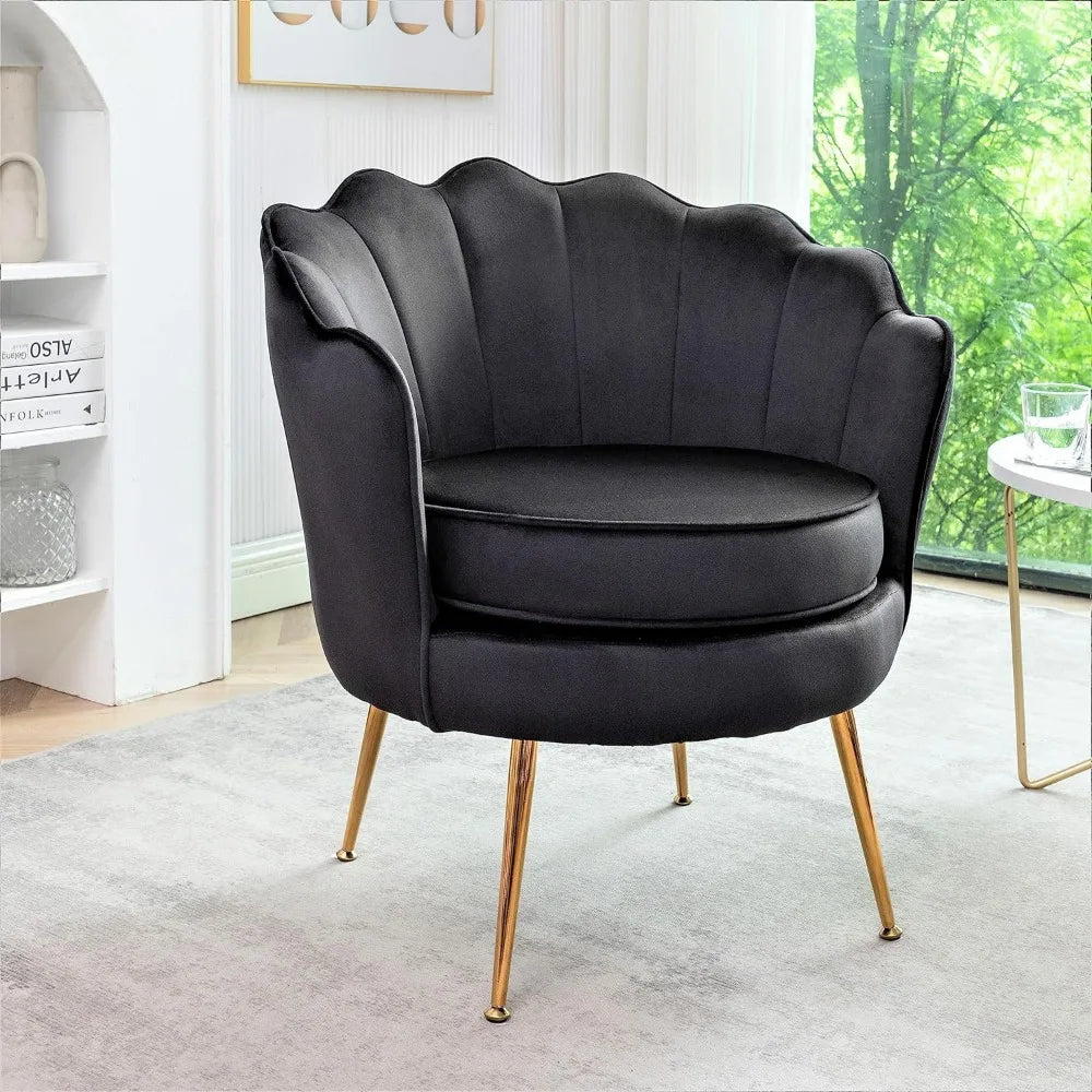 Barrel Accent Chair with Scalloped Silhouette and Gold Metal Legs, Decorative Piece Suitable for Traditional, Modern